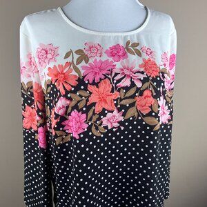 Talbots 3/4 Sleeve Blouse Size M Black Pink Cream, Floral and Polka Dot Print